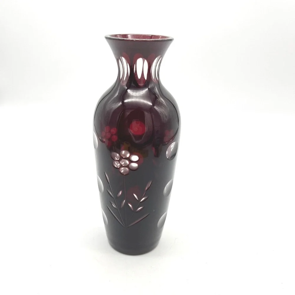Vintage Bohemian Ruby Red Cut to Clear‎ Floral Glass Vase 7 Inch Cranberry